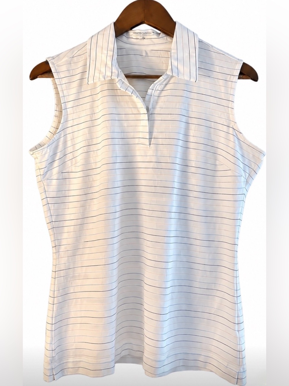 Nike Women’s Large White Sleeveless Golf Polo Tank with Thin Navy Stripes